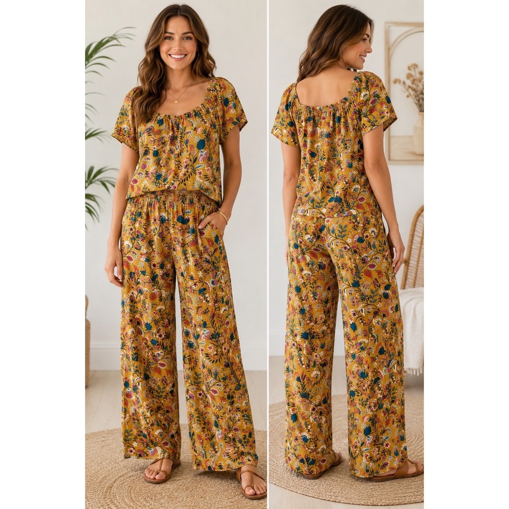 Joyspun Womens Mustard Floral Cotton Gauze Pajama Set Wide Leg Pants Large 12-14